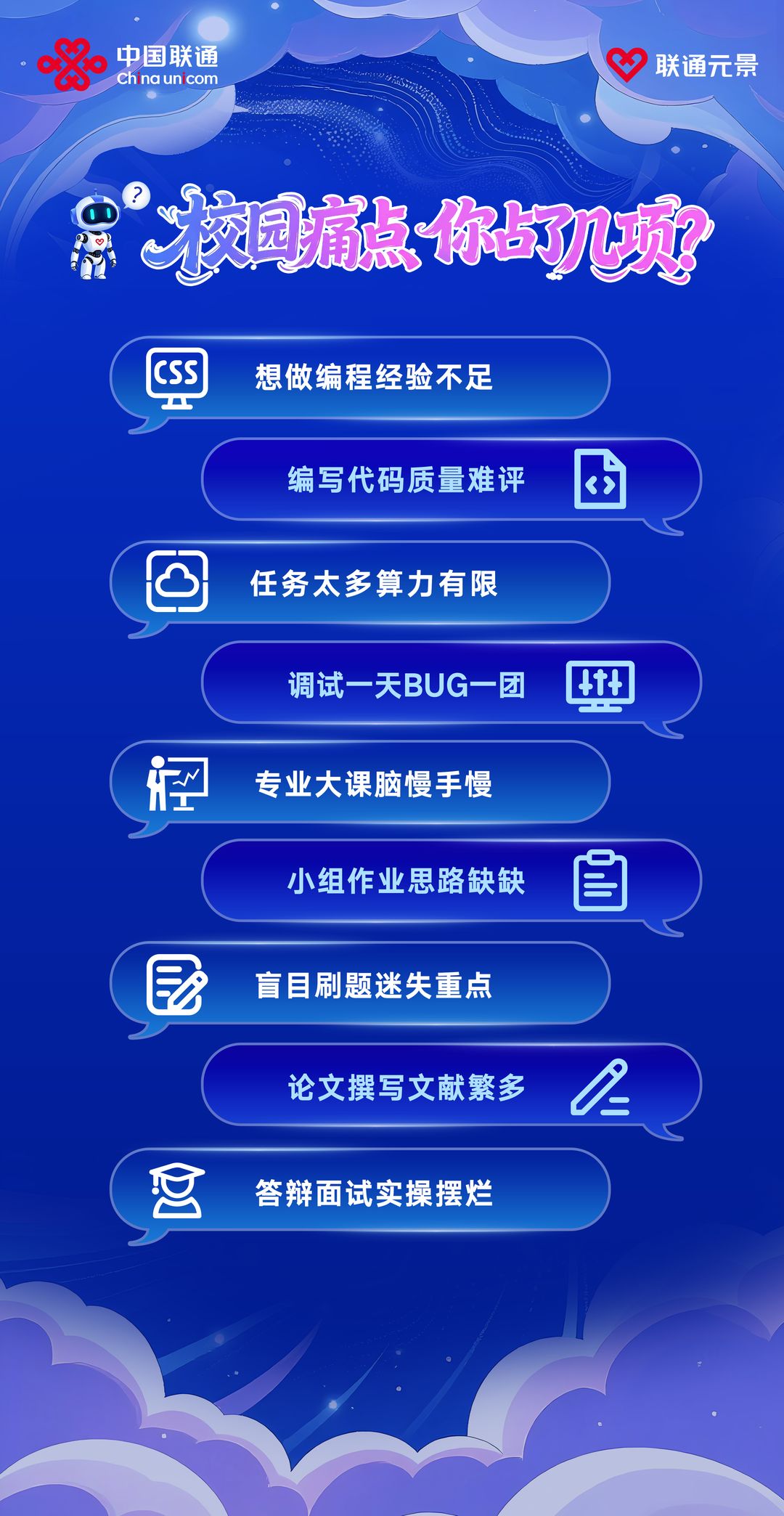 校园痛点你占了几项：想做编程经验不足、编写代码质量难评、任务太多算力有限、调试一天 BUG 一团、专业大课脑慢手慢、小组作业思路缺缺、盲目刷题迷失重点、论文撰写文献繁多、答辩面试实操摆烂