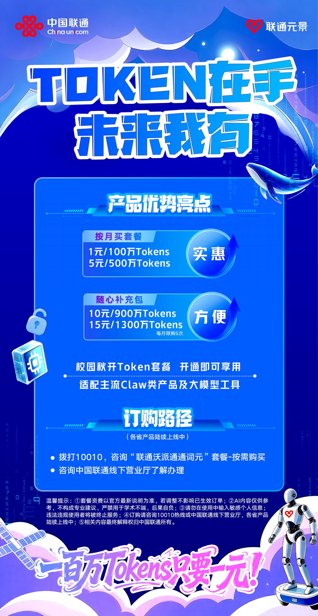 校园秋开 Token 套餐，开通即可享用，适配主流 Claw 类产品及大模型工具。订购路径，各省产品陆续上线中：拨打 10010 咨询「联通沃派通通词元」套餐按需购买，或咨询中国联通线下营业厅了解办理。一百万 Tokens 只要一元